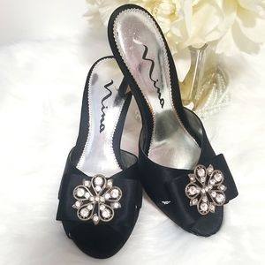 Nina Black Slide Heel Sandals with Rhinestones  Genuine Leather Sole